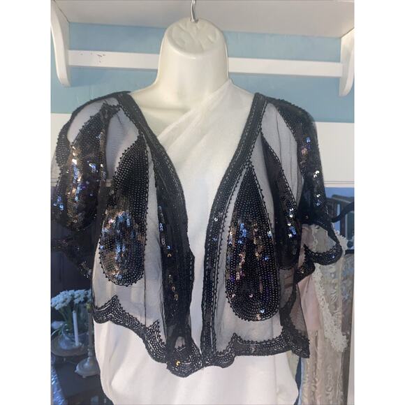 Vintage Sequin Black Poncho Butterfly Teardrop Womens Cropped Art Deco Scalloped - Picture 10 of 16